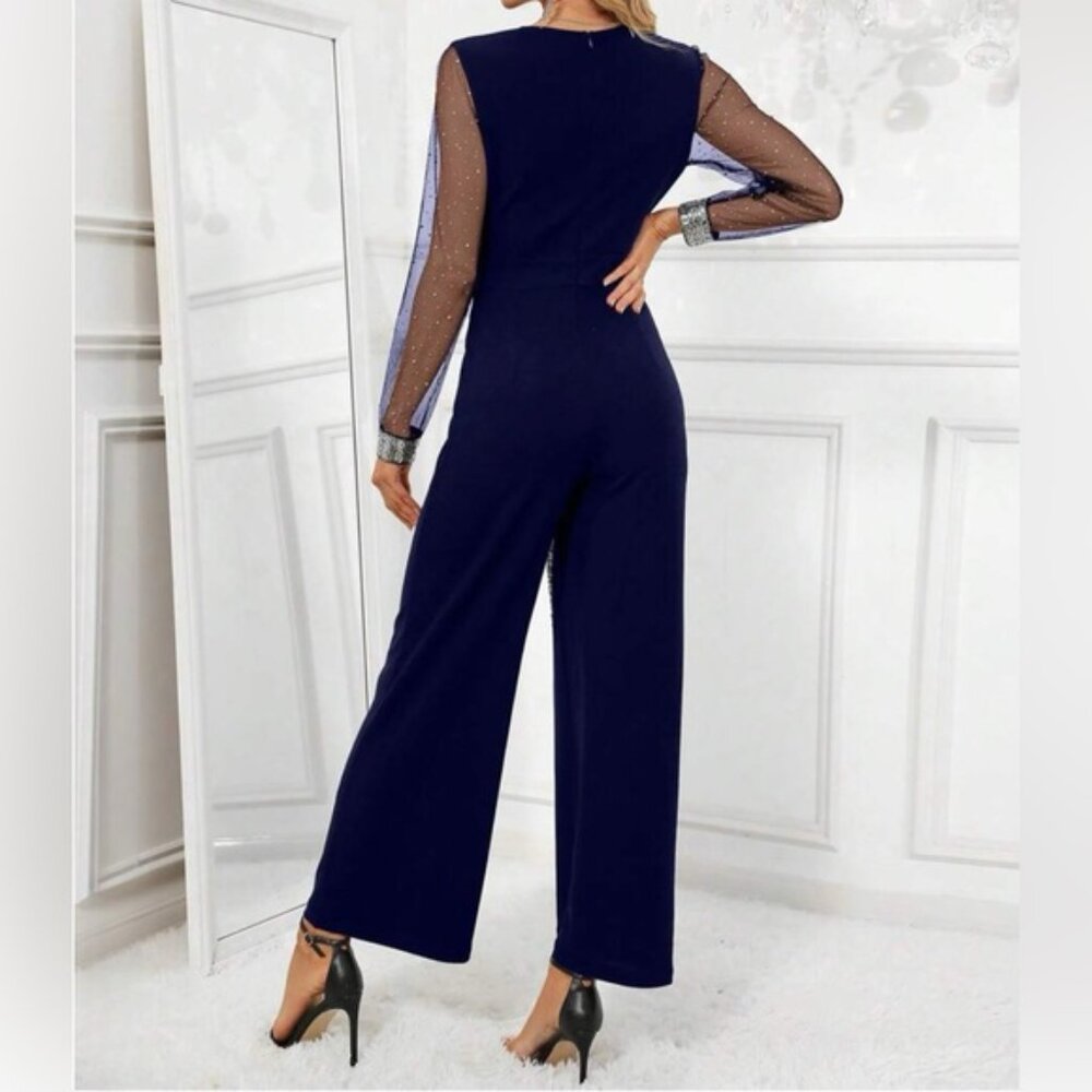 Navy Blue Mesh Sleeve Sequin Wide Leg Jumpsuit - Picture 4 of 8